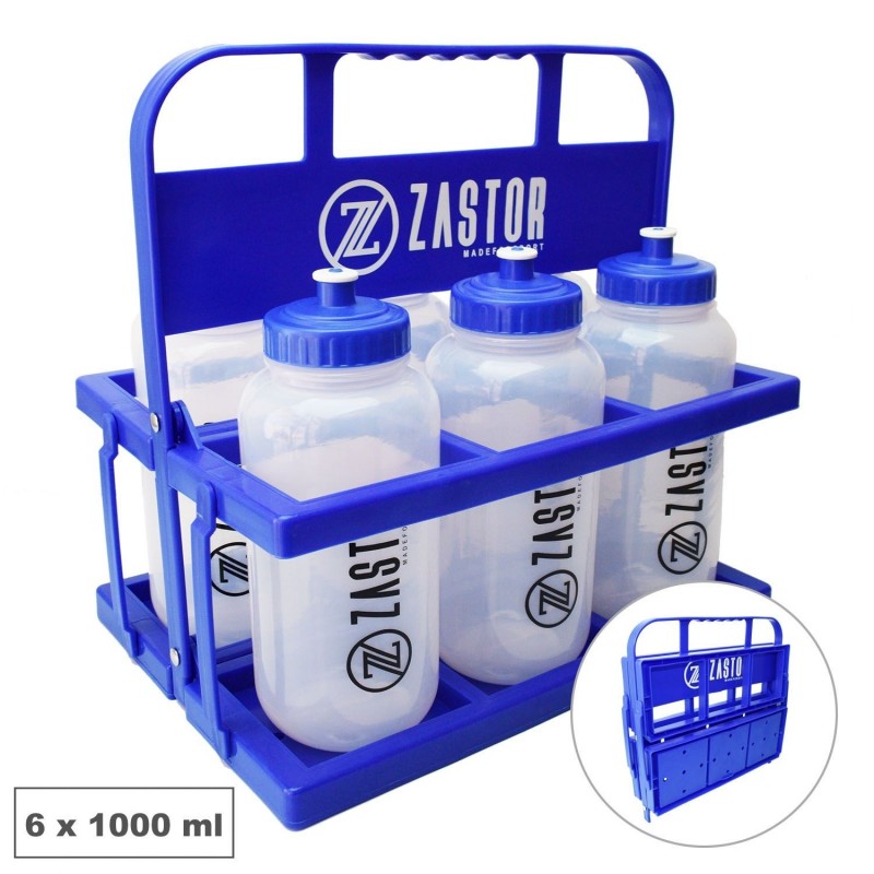 Pack 6 Botellas 1000 ml con Portabotellas Plegable Azul
